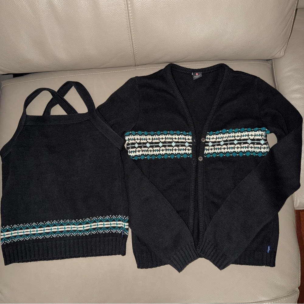 Jr LEVI’S 2pc set Sweater Cardigan sz M matching Tank sz S Black/Blue/White knit
